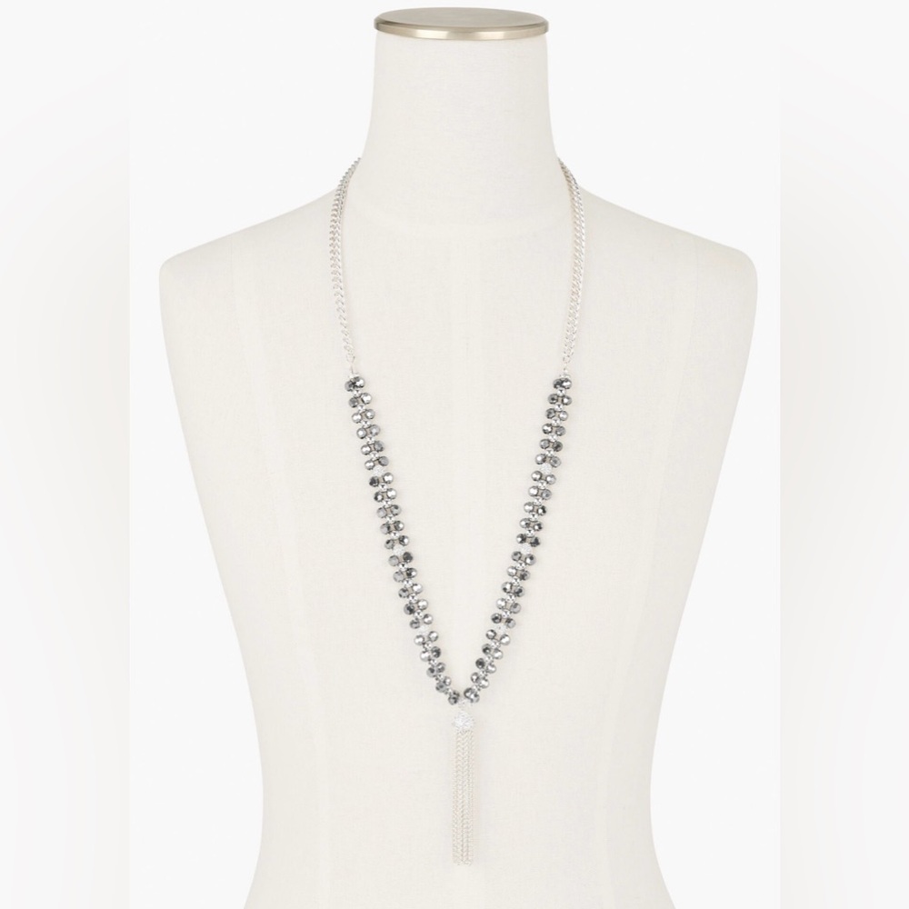 Talbots Silver Faceted Glass Cubic Zirconia Bead Cluster Tassel Pendant Necklace
